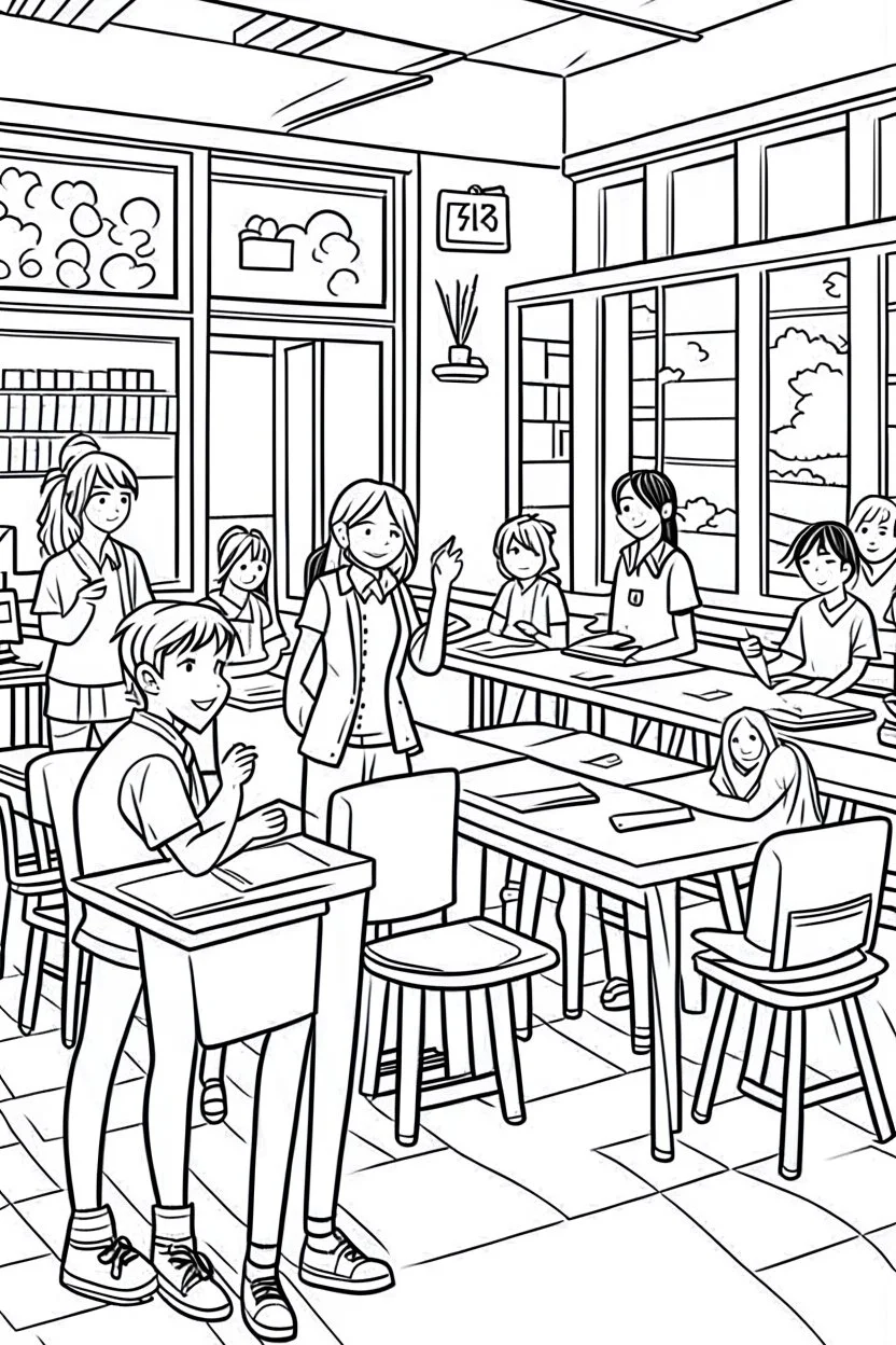 outline art for real A cheerful classroom scene with students and a teacher Coloring page, manga style, cartoon style, cute face, white background sketch style, full body is a must, only use outline, clean line art, no shadow, bold outlineMasterpiece, Ominous, Golden Ratio, Highly Detailed, photo, poster, fashion, illustration