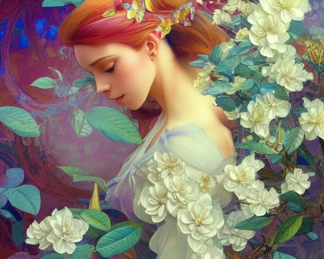 gardenia flowers, colorful, psychedelic, intricate, elegant, highly detailed, digital painting, artstation, concept art, smooth, sharp focus, illustration, art by artgerm and greg rutkowski and alphonse mucha