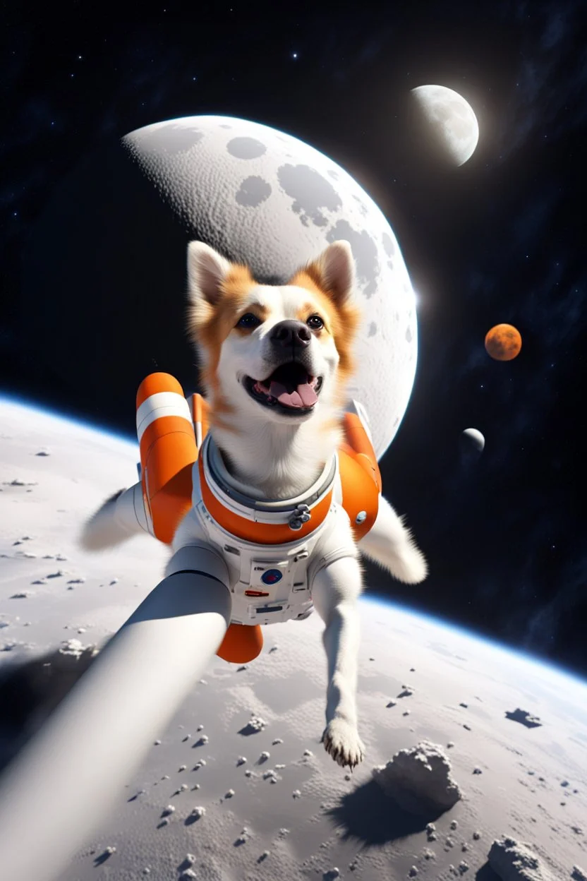 white and orange dog flies to the moon on top of the a rocket, writes, in space, realistic, 4k, Cinematic,