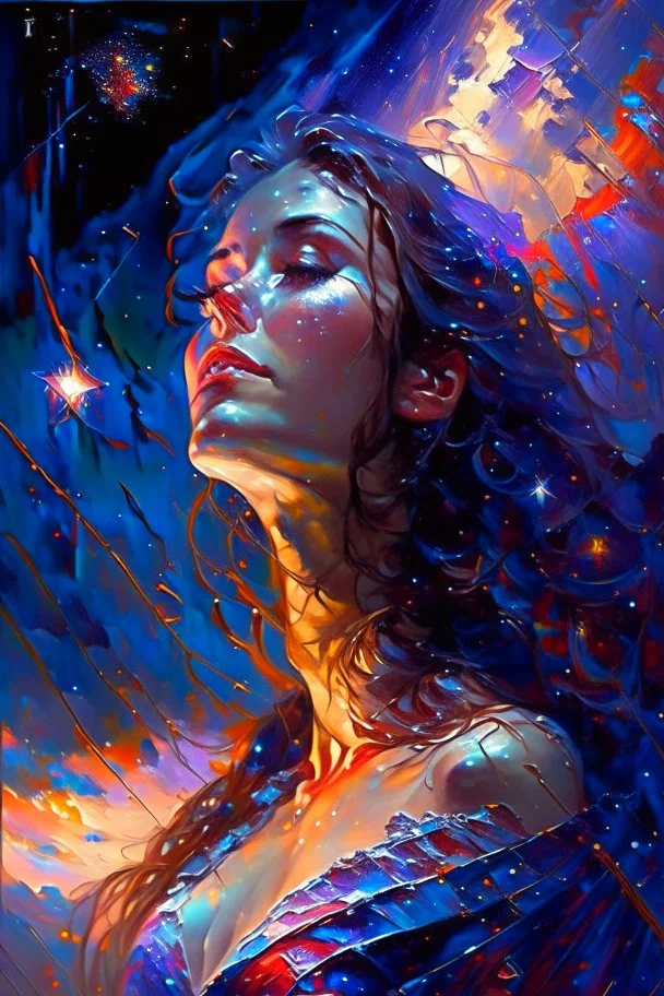 the night sky, she awaits with anticipation, Karol Bak UHD,, Pino Daeni and Dan Mumford, exquisite rendering, style of Leonid Afremov, Mario Sanchez Nevado. Modifiers: intricate very attractive beautiful award winning ultra detailed colourful high energy