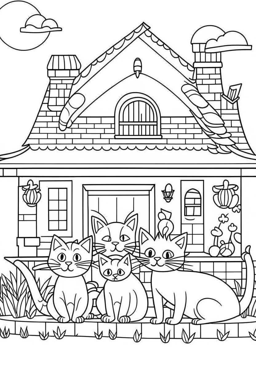 coloring page for kids, Cats in the house, cartoon style, thick lines, low detail, no shading