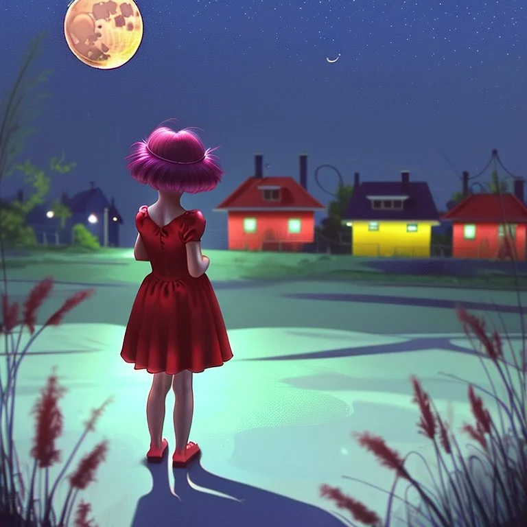 A little girl in a red dress is standing on the street looking at the moon, with blue and yellow houses in the background, girl under the lantern, bright night painting, whimsical art, fairy tale painting, dreamy illustration, pleasant night fireflies, dreamy art, amazing art, night lights, magical realism painting, Dreamy Night, by Zofia Strynska, Beautiful Description, Illustration Art, Starry Nights, by Lucia Peka