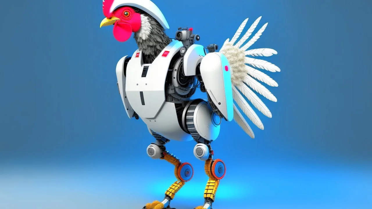 CHICKEN robot, sci-fi, cyberpunk, full body, ultra realistic, virtual reality, CLEAN PLAIN BACKGROUND, Aspect Ratios: 9:16