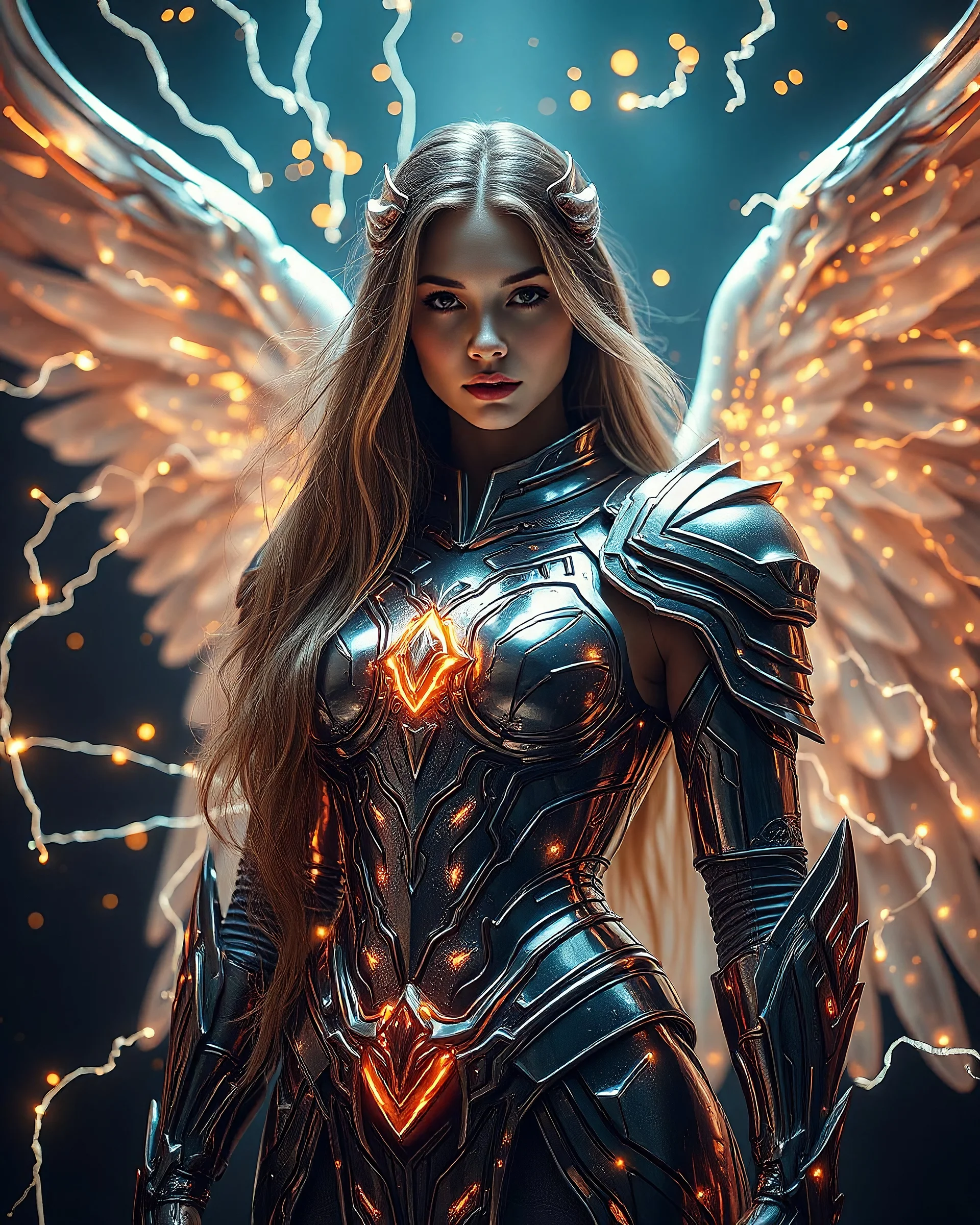 Luxurious Photography Full body Beautiful Angel woman,luxurious armor,long hair stand face front in impact picture,translucent and glowing metallic patterns,glowing metal objects hovering in the air and surrounding him,Electric arcs and sparks,flow of energy,translucent magnetic lines,golden and shimmering light effects