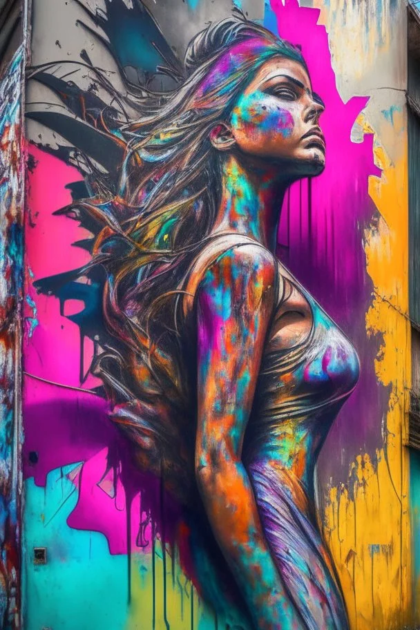 graffiti art on the back side of an abandoned building portraying a female super model posing confidently, 8k, highly detailed, centered, epic composition, graffiti art, splash art, street art, spray paint, oil gouache melting, acrylic, high contrast, colorful polychromatic, ultra detailed, ultra quality, CGSociety