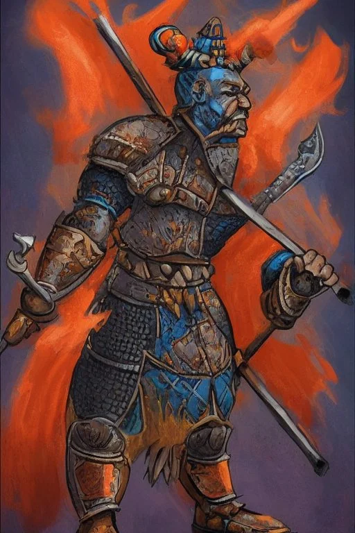 Zaprodan, the 'Thunder Drummer' is depicted as a short and stout man, thick and barrel-chested. His arms strong from swinging his hammer all day. His armor is blue steel, detailed in a deep orange color. He has a fire red Mohawk and beard. He wields a battle axe of great power. It has been lost for centuries. He is a god quick to laughter and celebrating, drinking ale and toasting to his mighty deeds with his allies