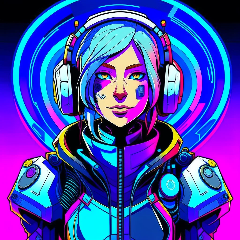 masterpiece, intricate details, a wide angle 2D anime bold line flat color illustration of a cheerful cyborg girl in a high purple hoodie and headphones in hip hop style, dopamine style, overlaying mixed patterns of pop art text and emoji device installations, sharp focus, charming character illustration, beautiful vibrant kuler palette gradient