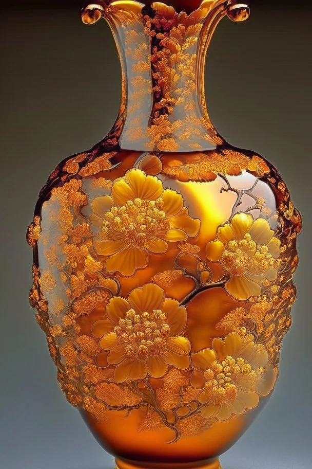 vase made from amber with flowers by ming dynasty, insanely detailed, complementary colors fine details, polished