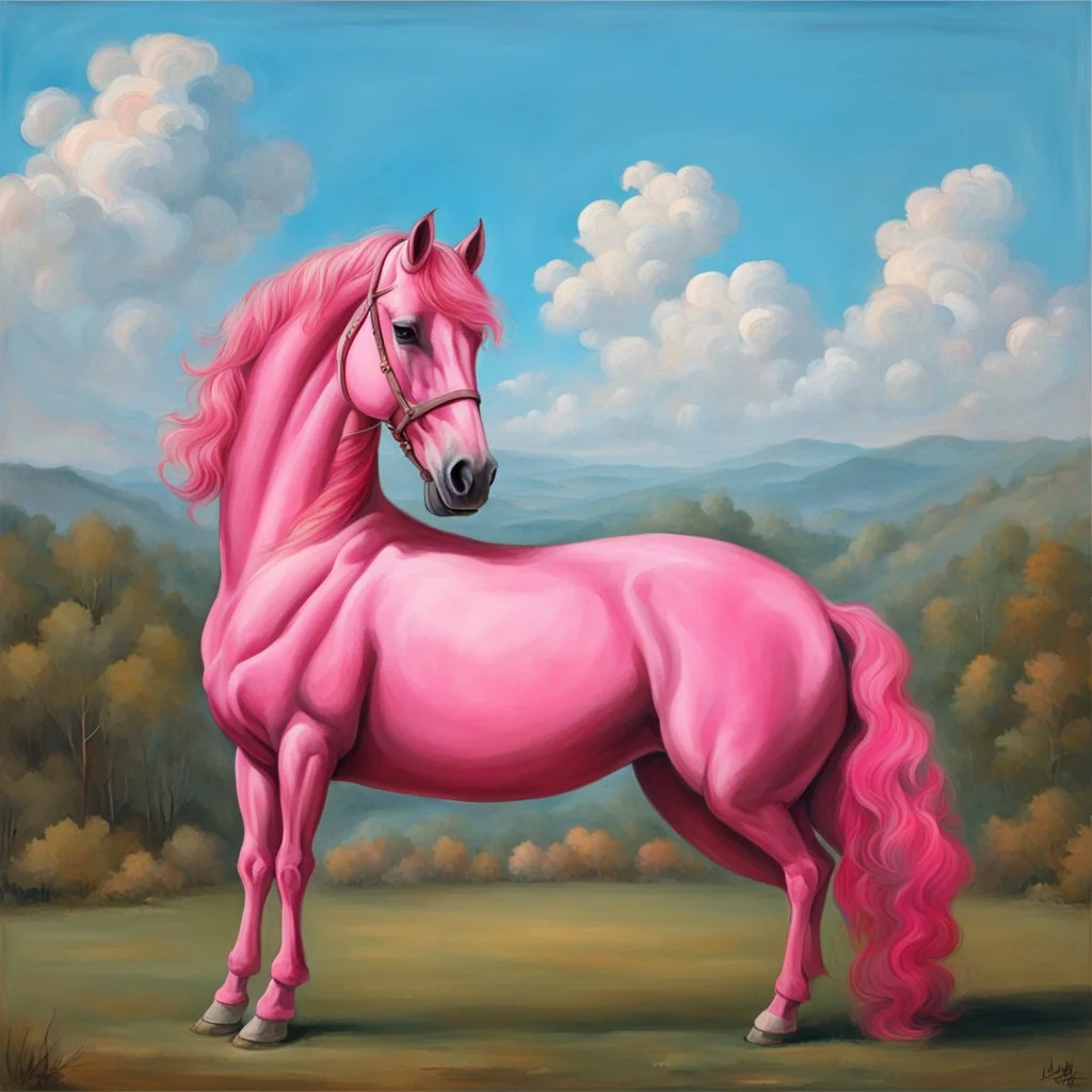 a pink horse with a big man sit it like a 19th painting