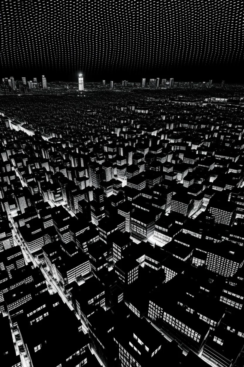 looking down on tokyo at night black and white in the style of hiroku ogai lookin at rooftops rfrom above