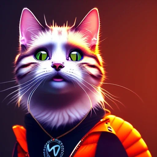 Scottish cat toddler, smile, cyberpunk headphone, sunglass, gangsta neckless, full body, orange puffer jacket, tokio background, dramatic lighting, hyper realistic, unreal engine 5, 16k