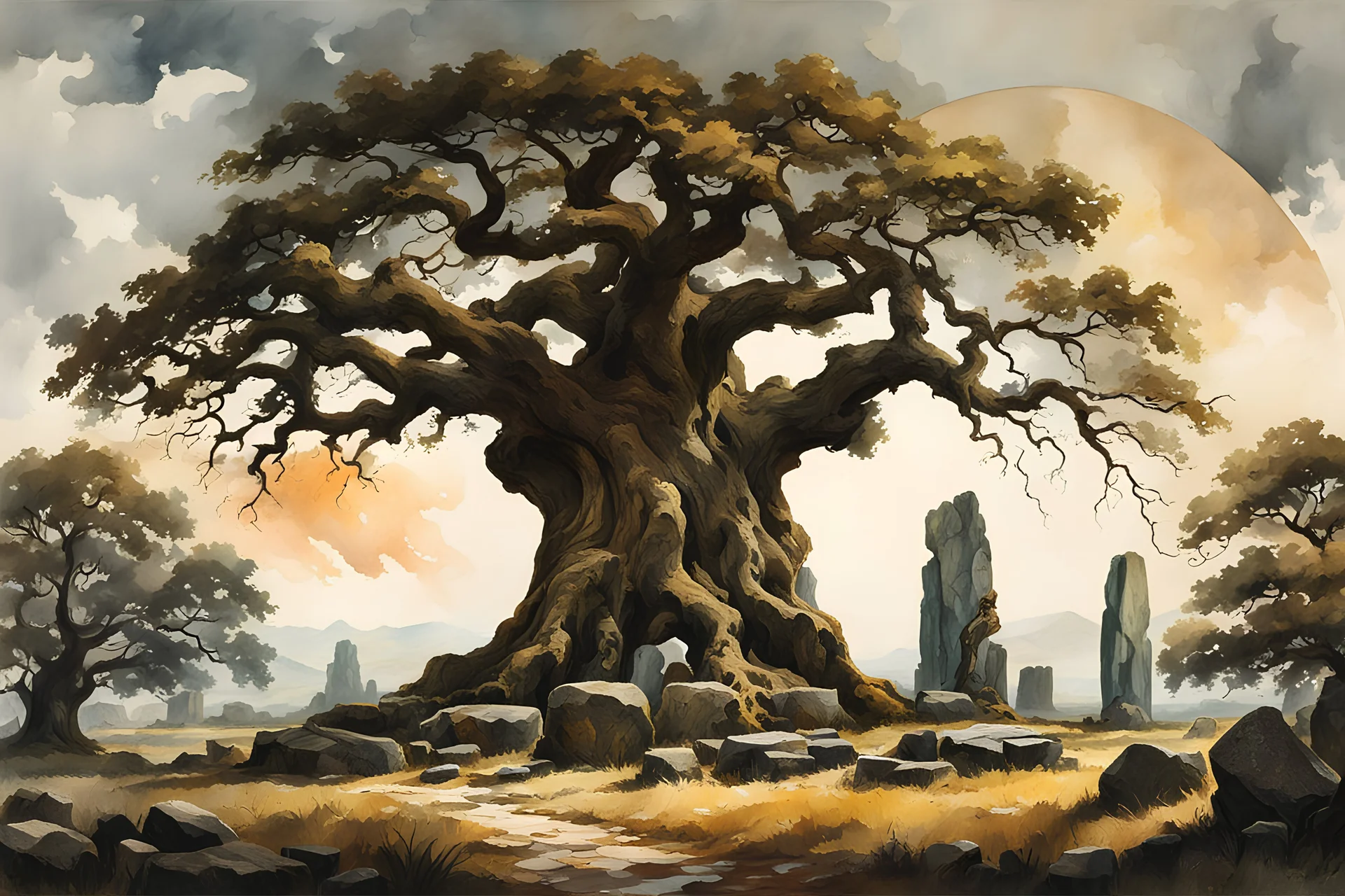 museum quality oil with watercolor underpainting of a massive sentinel oak within a circle of ancient Druidic standing stones , in the style of Karl Bodmer, and Winslow Homer, rendered as an aquatint, with a fine art aesthetic, highly detailed , 8k UHD cinegraphic realism, dramatic natural lighting