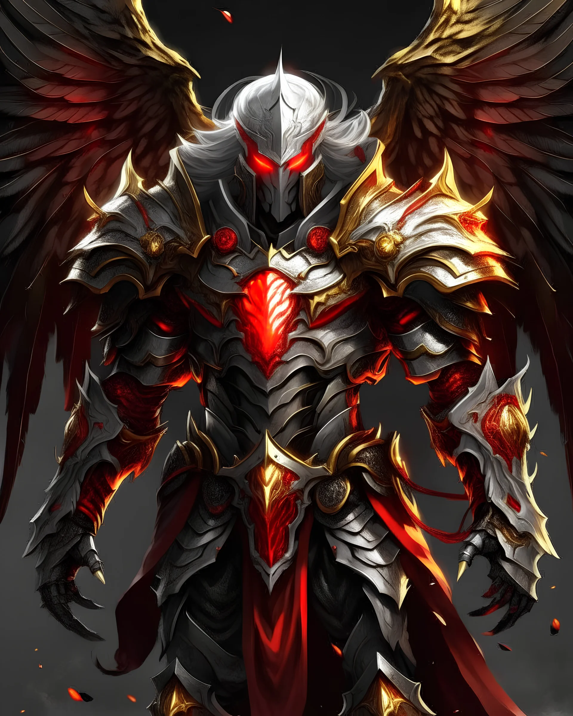 silver and gold armor with glowing red eyes, and a ghostly red flowing cape, crimson trim flows throughout the armor, the helmet is fully covering the face, black and red spikes erupt from the shoulder pads, crimson and gold angel like wings are erupting from the back, crimson hair coming out the helmet, spikes erupting from the shoulder pads and gauntlets