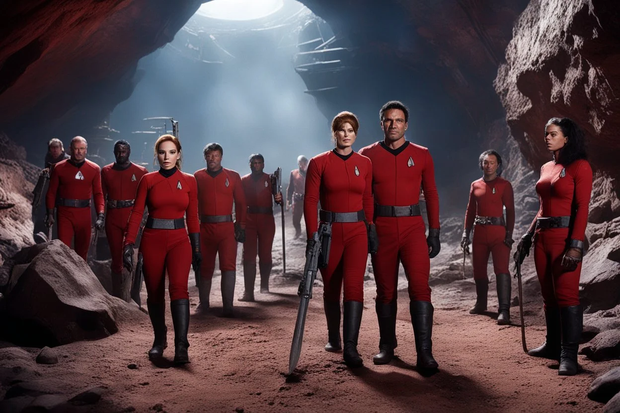 sci-fi enslaved in a mine, five prisoners, man, woman, Star Trek red-shirt, is mining in terrible conditions, they use dusty and rusty high tech tools