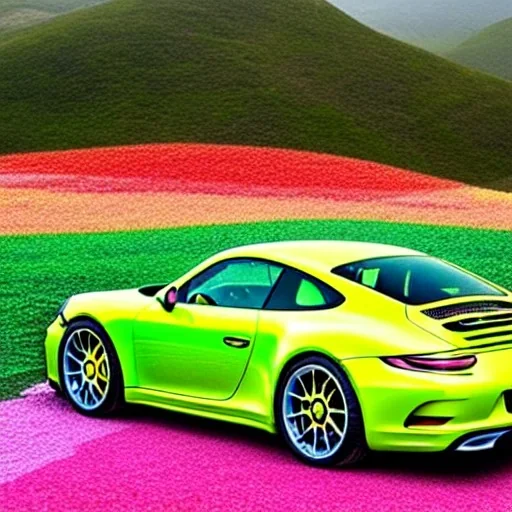 concept, art, high quality, sport car, porshe 911, 911, porshe on the nature, porshe pink color, porshe made of candies, landscape background, sunny, ultra high quality, realistic, cinematic, good weather, green nature, funny, rich green nature