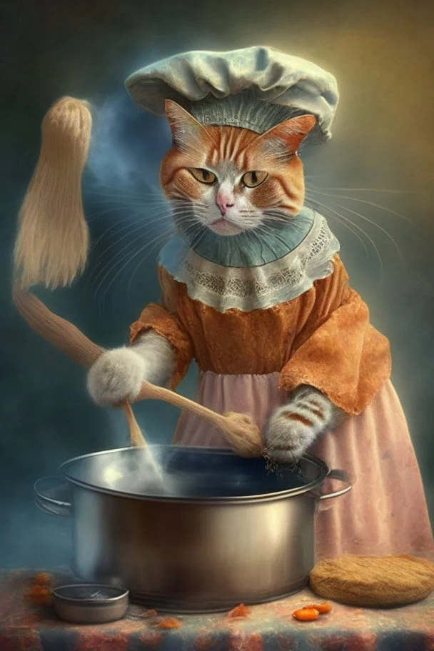 mother cat dressed in an aprin cooking