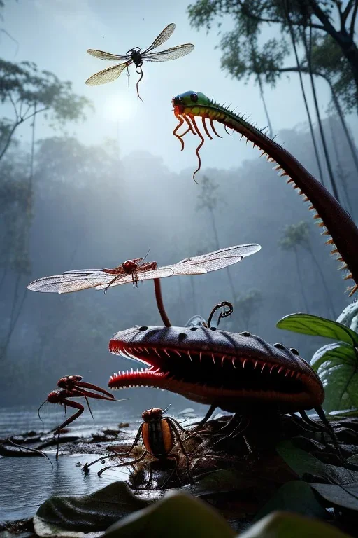 large venus fly trap with teeth eating a dragonfly, flowers, jungle, hyperrealistic, trees in background, digital art, alien like, disgusting, intricate, morbid, rainy, sinister, volumetric lighting, unreal engine, high resolution, 8k, depressing colors, dark colors, horror, horrific,