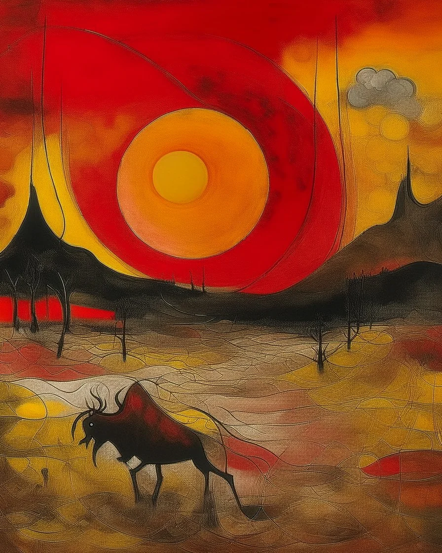 A dark grayish red fiery savanna painted by Wassily Kandinsky