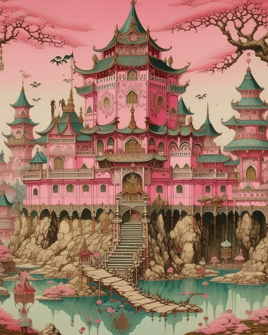 A pink castle with magic mirrors designed in Japanese origami painted by Utagawa Hiroshige