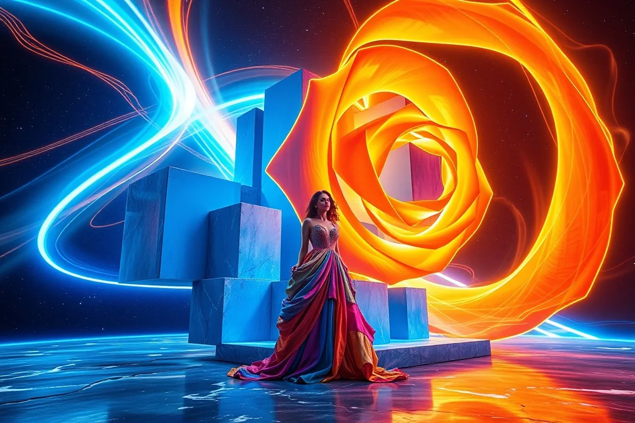 A surreal cosmic architectural composition featuring an elegant woman in a flowing multicolored gown standing at the center of an abstract floating structure in deep space. The structure is composed of geometric blue cubes and blocks arranged in an artistic formation, adorned with massive glowing spiral rose shapes in vibrant orange-gold and electric blue colors. Dynamic light trails and energy ribbons swirl around the composition in neon blue and warm orange tones. The background features a sta
