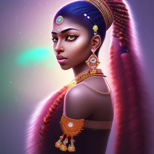 Fantasy setting, woman, dark-skinned, indian, ranger, 23 years old, shaved side haircut, wavy hair