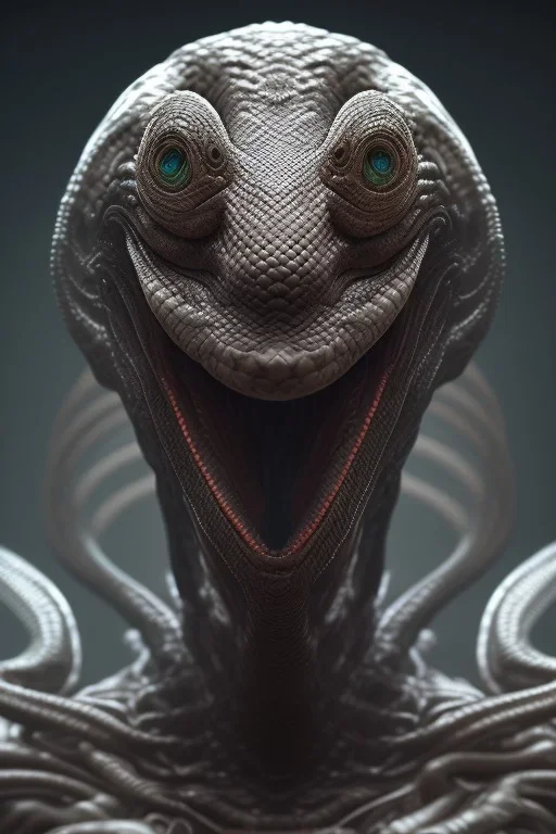 snake alien, head,8 eyes, smile, 8k, with hairs, finely detailed, photo realistic, HR Giger style