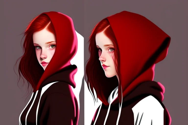 A sassy beautiful young woman with dark brown eyes and shoulder length red hair wearing a black hoodie. Realistic.