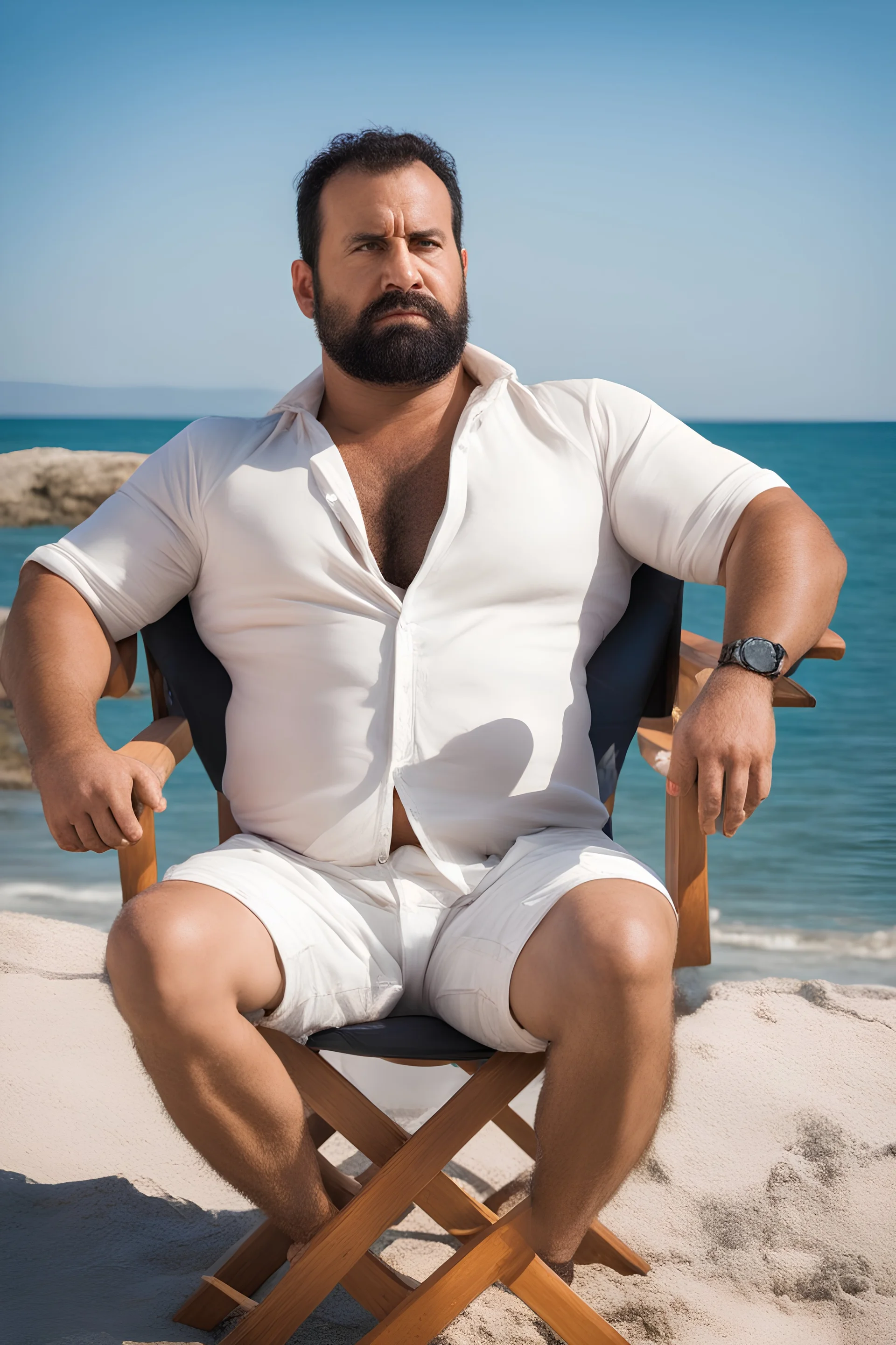 full figure shot photography of a tired strong muscular chubby hairy burly 38 years old ugly marocan carpenter, big nose, bullneck, beard, short hair, manly hairy chest, bulging white shorts, bulge, emotive eyes , relaxing on a chair on the beach in the sun, big shoulders, side light, sweat and wet, ground view angle , front view