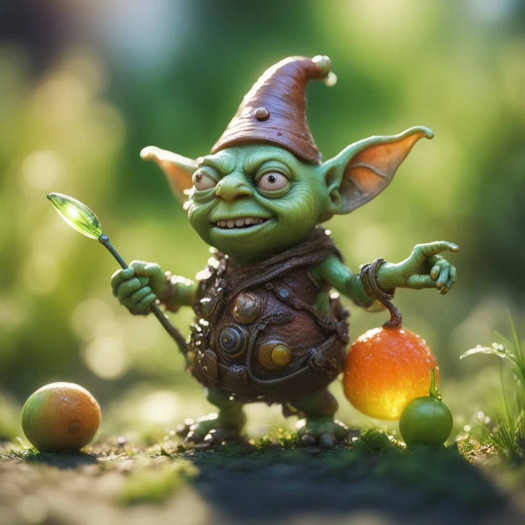 electric mummy pimple snail gremlin t-pose upper body of gnome goblin orc made from tinted murano glass in long grass inspecting a melon ,bokeh like f/0.8, tilt-shift lens 8k, high detail, smooth render, down-light, unreal engine,bokeh like f/0.8, tilt-shift lens 8k, high detail, smooth render, down-light, unreal engine