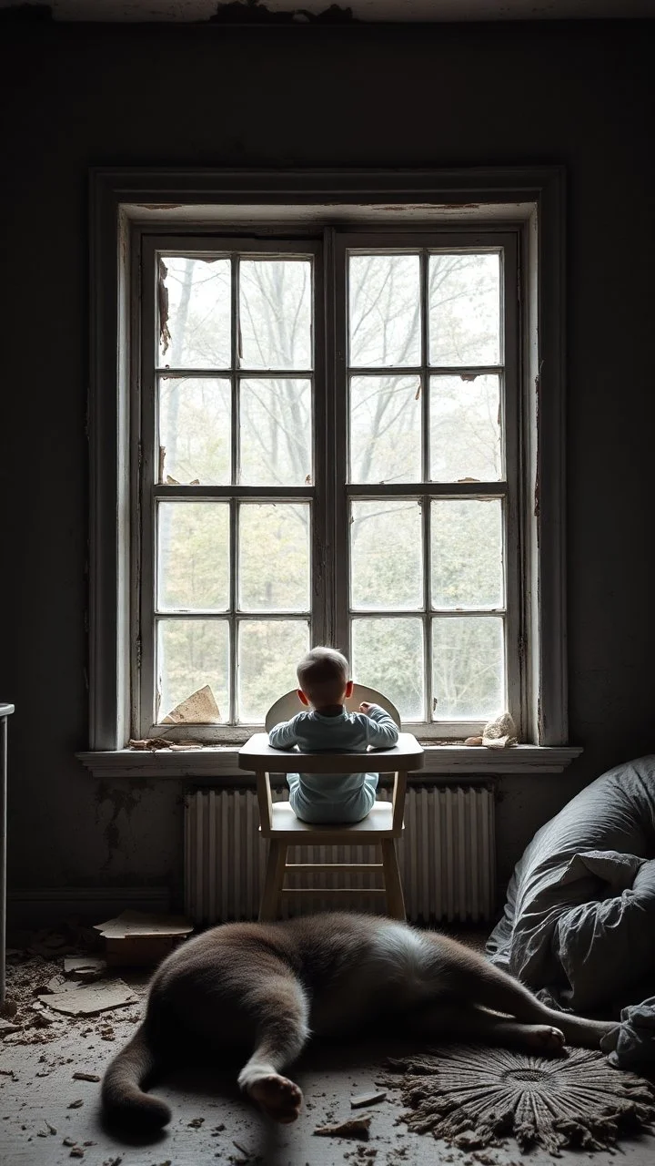 A baby sitting on baby’s eating chair in front of a big window in an abandoned damaged room , a cat out side the widow looking at him , his mother is lying on the front dead