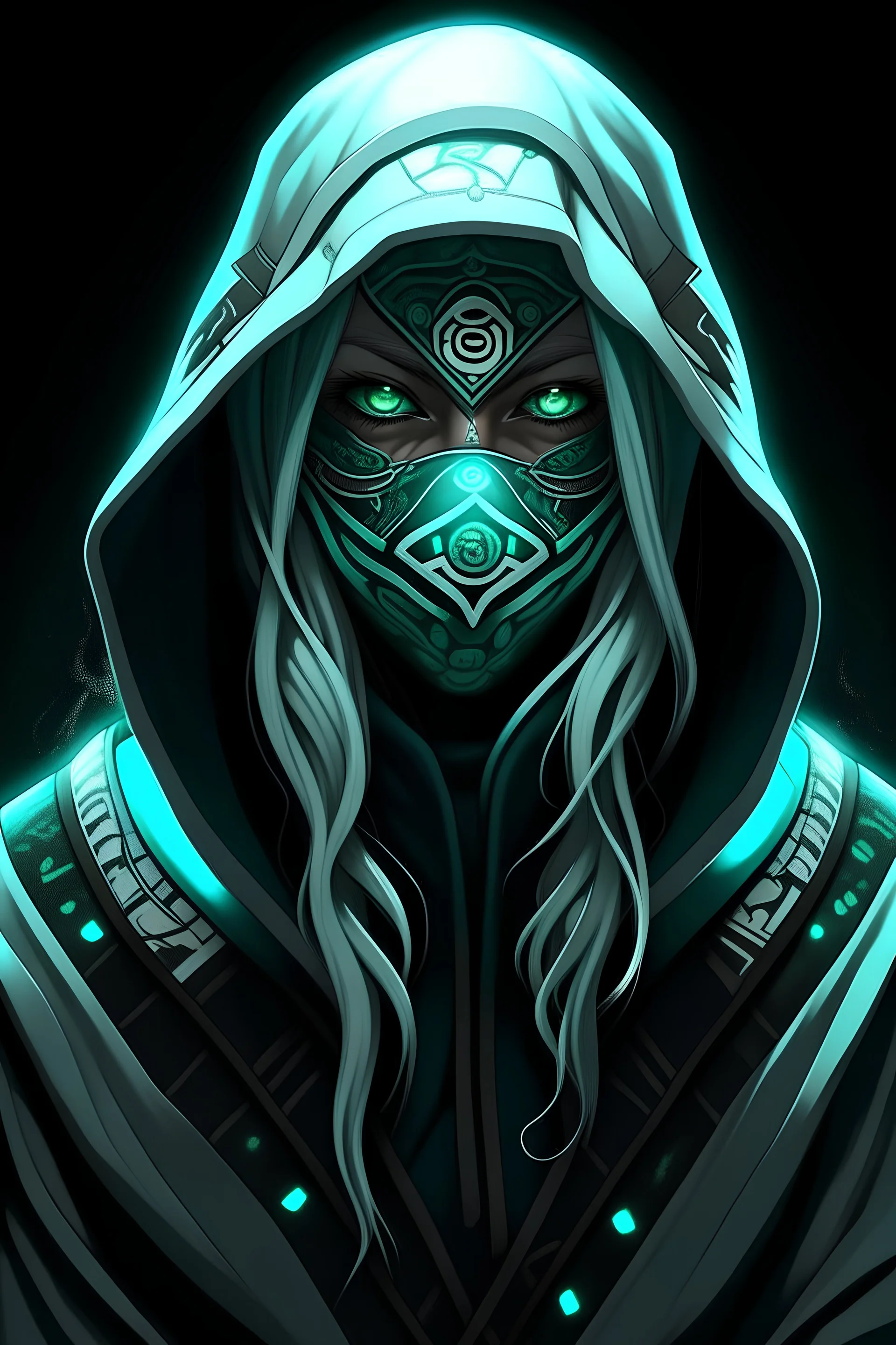 female, shinobi, halfmask demon, white hood, glowing runes, nordic runes, turquoise runes, green eyes, glowing eyes, full body raw, naruto them, hard-edge style,highly detailed, high details, detailed portrait, masterpiece,ultra detailed, ultra quality