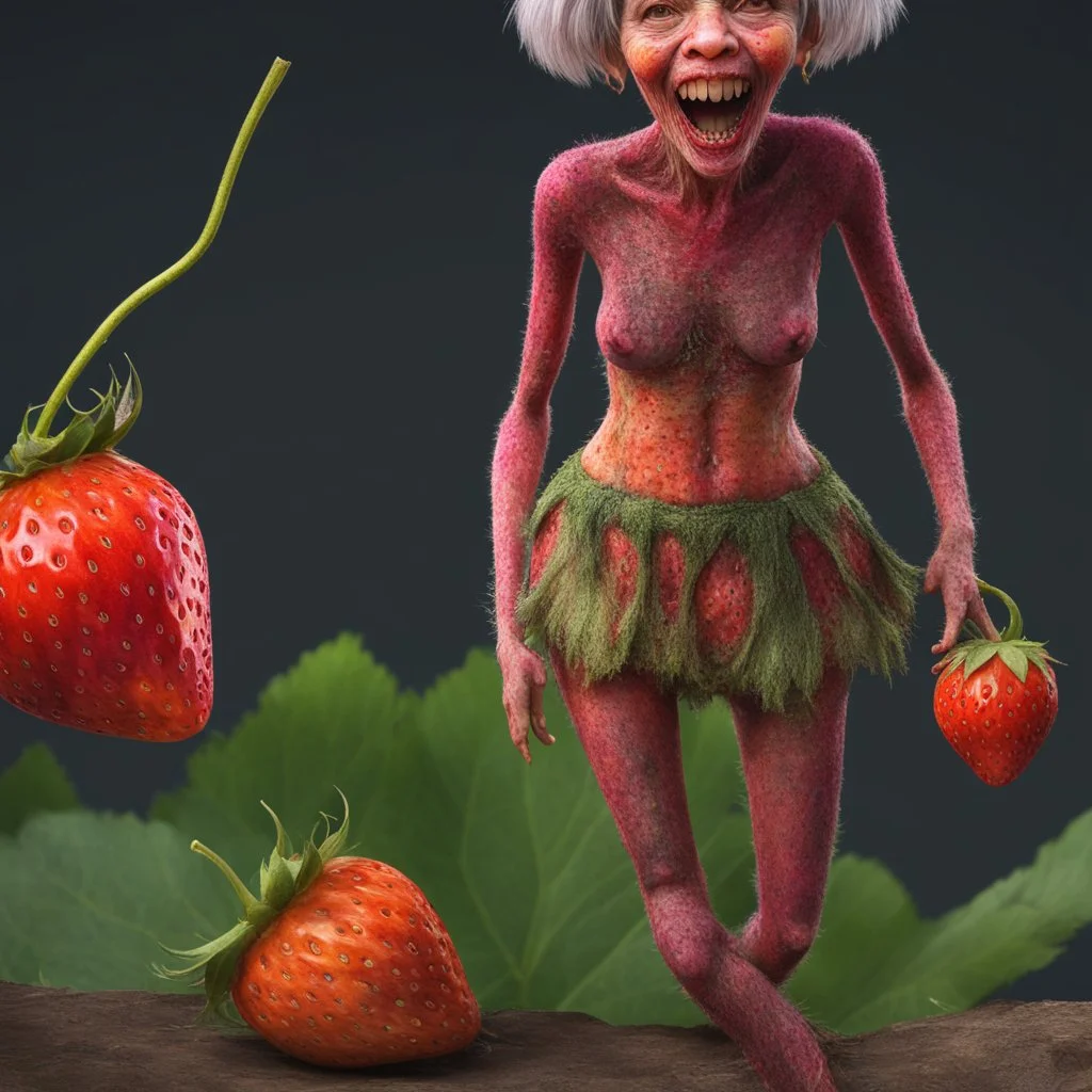 An amusing parody, an old, decomposing strawberryzombiegorillawitch with pixie-cut hair, wearing rotting underwear, 4k, 8k, 32k UHD, Hyper realistic, extremely colorful, vibrant, photorealistic, realistic, sharp, highly detailed, professional quality,