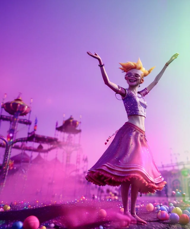 Ultra Realistic photo, medium shot view, drunken sweet dancer old blonde woman, carnival scene, monster hair, steampunk style. Sunglasses, Red hair, confeti, smile, happy, festival, ovnis, gradient color fog. highly detailed, concept art, unreal engine 5, ray tracing, RTX, lumen lighting, ultra detail, volumetric lighting, 3d, finely drawn, high definition, high resolution.