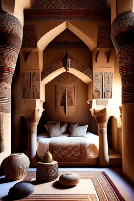 An Egyptian bedroom with arches, a big bed, cushions, rugs, lamps