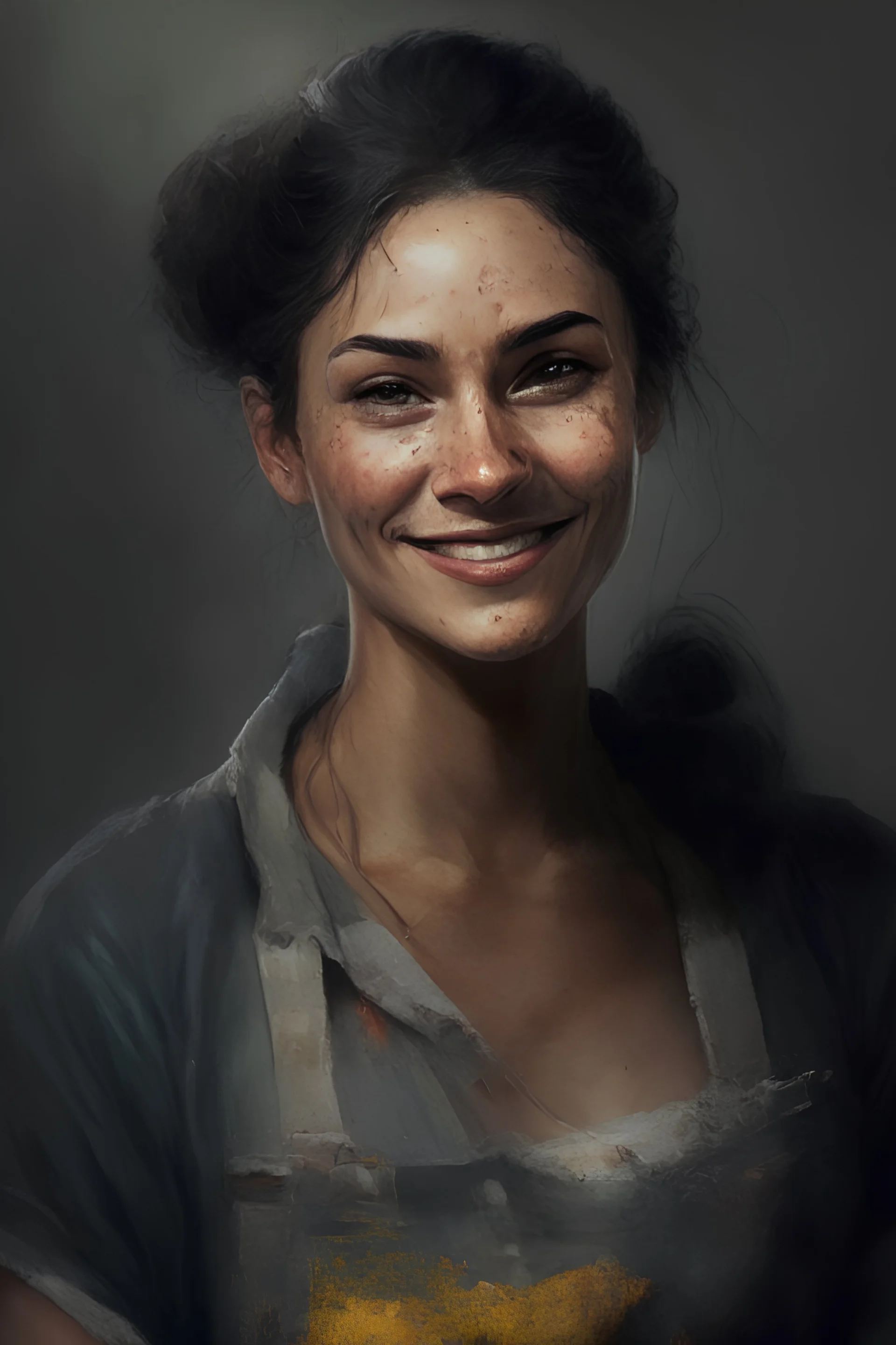 fantasy art style portrait of an early 30's brunette tanned female coal miner smirking, wearing overalls and slightly dirty.