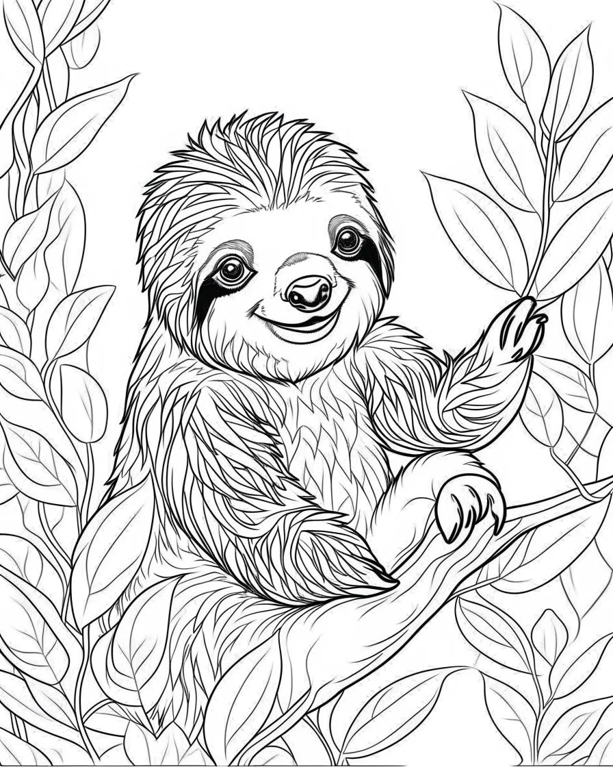 create a 2d black outline, "safari smiling cartoon sloth on a branch coloring book for kids", coloring page, low details design, black contour, coloring page design, simple background, colorful , card style, coloring page for kids, white background, sketch style, safari landscape, cartoon style