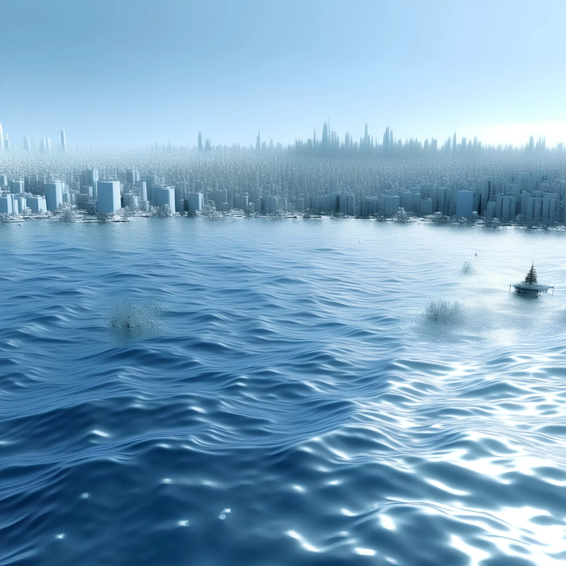 Ville sur l'eau dans l'océan, hyper réaliste, monde du futur, détail net, occlusion ambiante