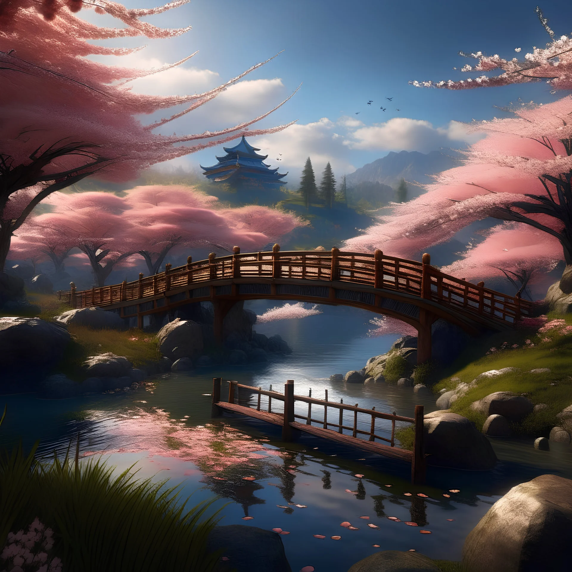 (best quality, 4k, 8k, highres, masterpiece:1. 2), ultra-detailed, (realistic, photorealistic, photo-realistic:1. 37), portrait, anime style, vibrant colors, dynamic composition, flowing water, cherry blossoms, peaceful atmosphere, gentle breeze, traditional Japanese garden, wooden bridge, tranquil pond, distant mountains, soft sunlight