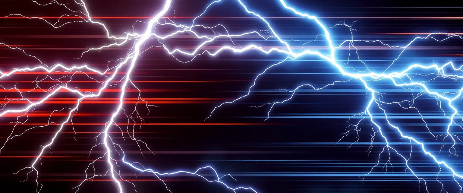lightning and electricity streaming across composition left to right, behind is a bunch of stripes inspired by modern wrap graphics to convey speed