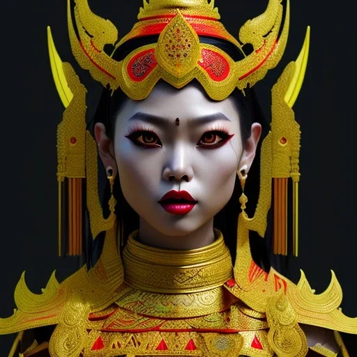 Thai woman, rounded face, blood, black, red, green, gold, samurai helmet, decorative color feathers, retro, bamboo, leather, soft color, highly detailed, art stations, concept art, smooth, unreal engine 5, god rays, ray tracing, RTX, lumen lighting, ultra detail, volumetric lighting, 3d, finely drawn, high definition, high resolution.