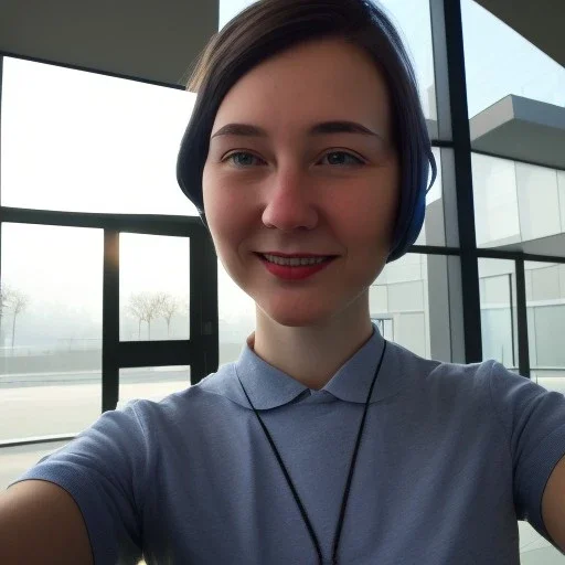 A short haired, female computer engineer taking a selfie in front of Building 92 at Microsoft