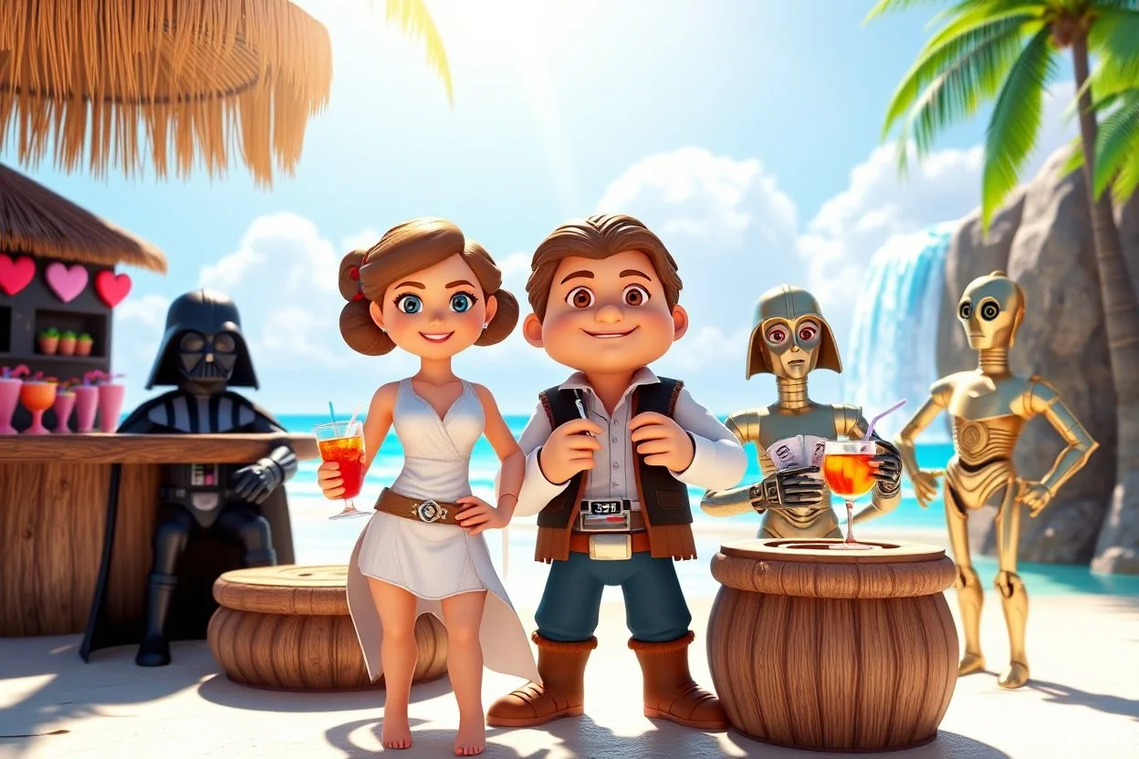 3D video game characters, star wars, Leia princess, Luke, Han Solo, Chewbacca, Darth Vader, C3PO at the beach in sunshine, tiki bar, cocktails, hearts, waterfall, happiness