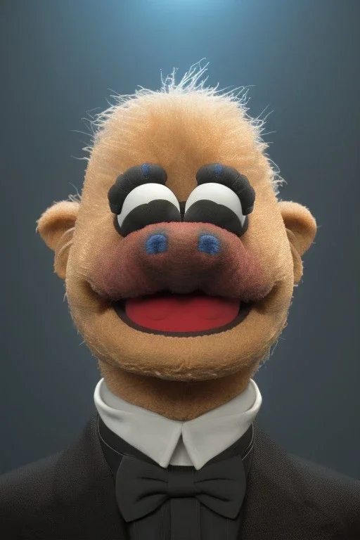 Waist up muppet Portrait, Vladimir Putin as muppet doll, Black suit, photo studio, blue background, unreal engine 5, concept art, art station, god lights, ray tracing, RTX, lumen lighting, ultra detail, volumetric lighting, 3d.