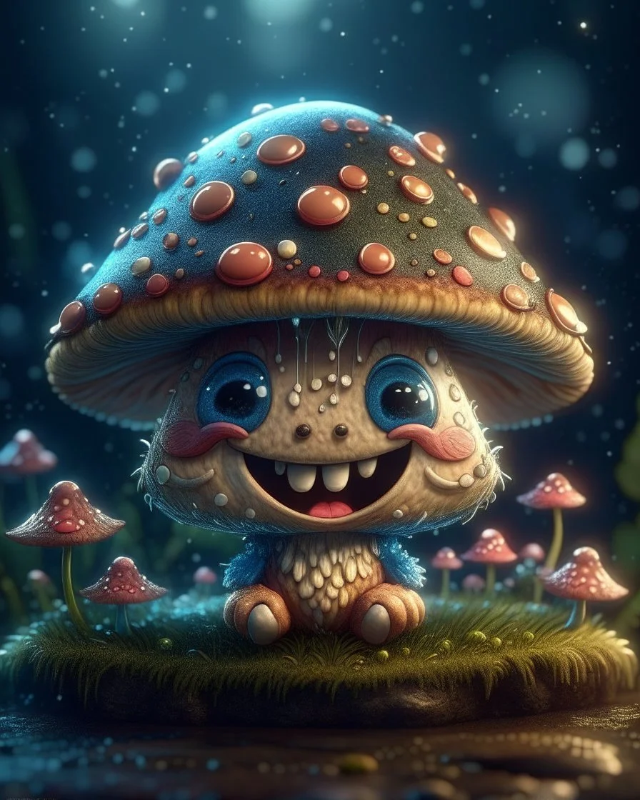 Magical mini kawaii mushroom with smiling face, Liquid Structure, Flying Petals, Sparks, Lightning, Splash, Portrait Photography, Fantasy Background, Intricate Patterns, Ultra Detailed, Luminous, Radiance, cartoon style, Complex Details, Intricate Details, 16k, HDR, High Quality, Trending On Artstation, Sharp Focus, Studio Photo, Intricate Details, Highly Detailed, By Greg Rutkowski