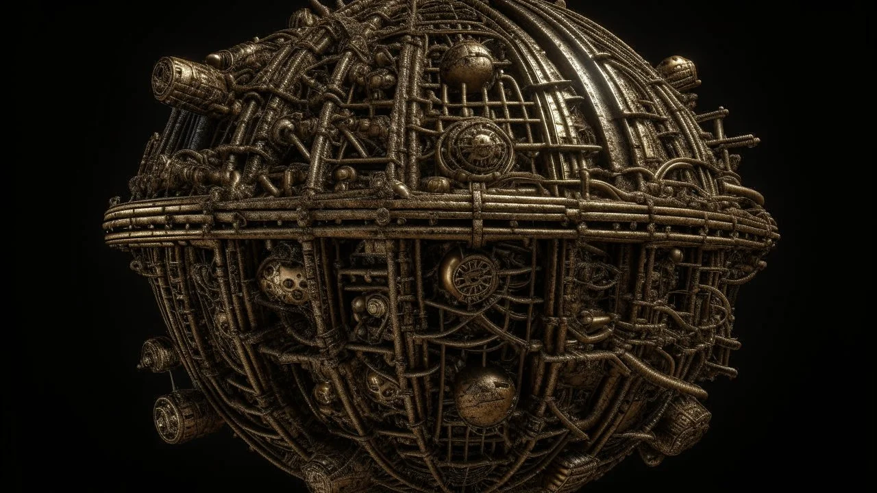 steampunk sphere with tubes, pipes, and wires floating in deep space, detailed