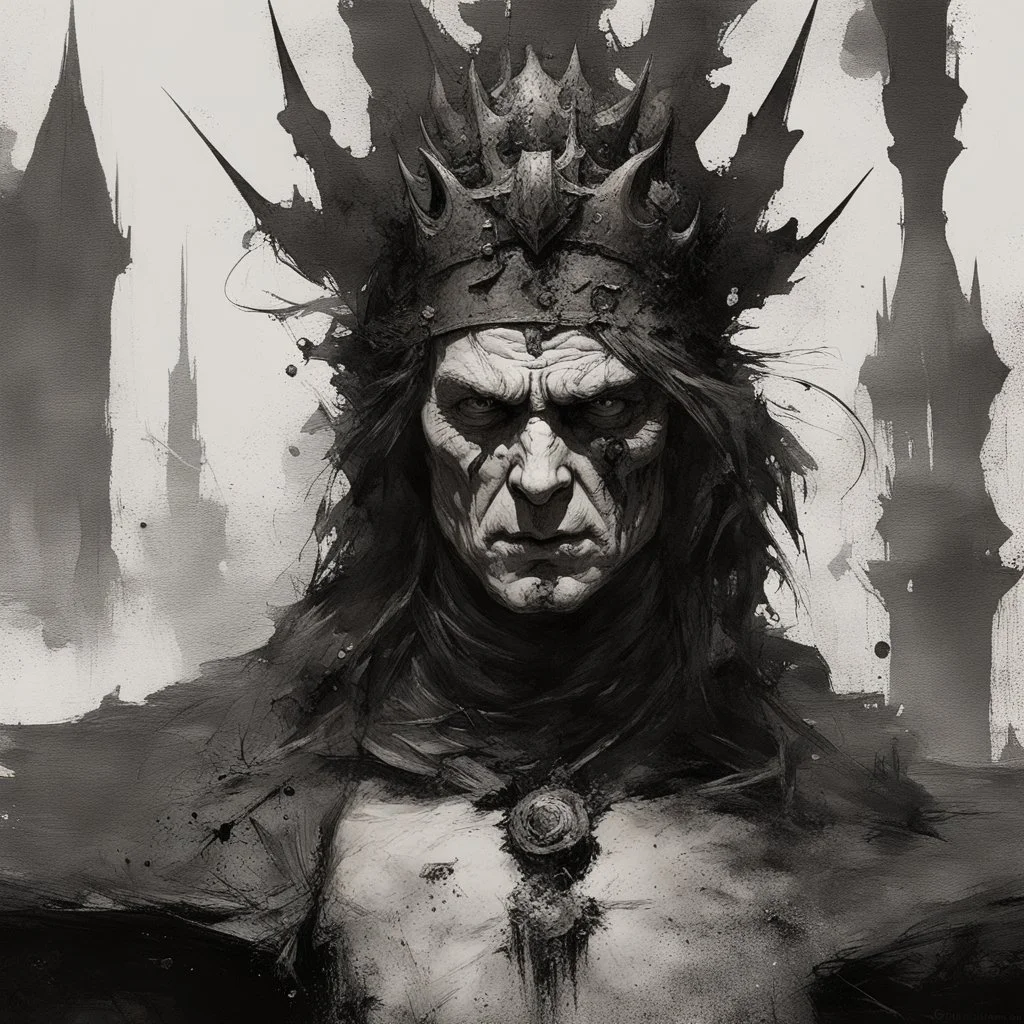 "the king of corrupted souls negative black and white Speedpaint with large brush strokes by , Gerald Brom, Ismail Inceoglu, , Gazelli, M.W. Kaluta, richard anderson, paint splatter, white ink, a masterpiece, 8k resolution, trending on artstation, horror, terrifying, highly detailed and intricate, Professional photography, bokeh, natural lighting, canon lens, shot on dslr 64 megapixels sharp focus