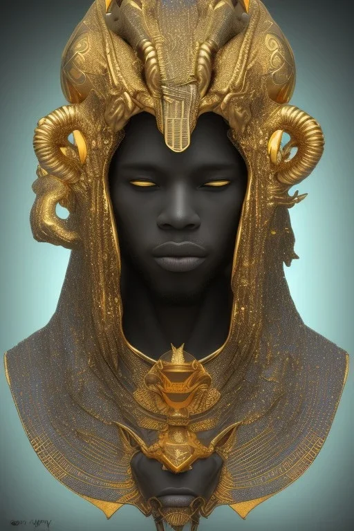 black male African Egyptian alien, cracks in the voodoo head, wicked, diamond eyes, crown, blood, 8k, finely detailed, photo realistic, leopard robe turquoise skull head gold dragon space alien rain skeleton gold teeth silver crown silver space suit spaceships