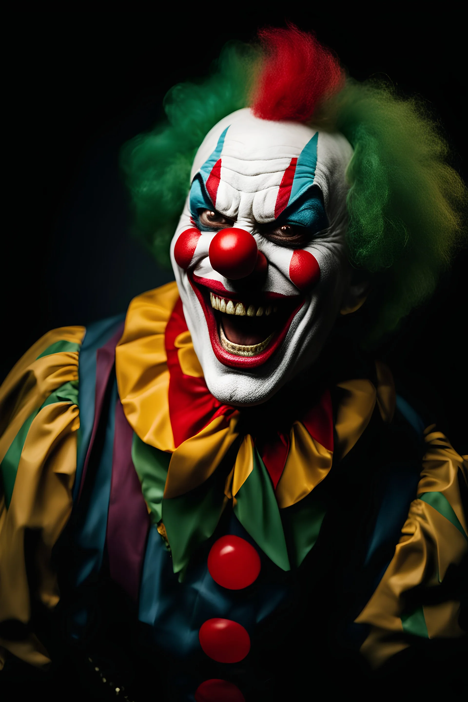 creepy clown angry laughing, dark theme, soothing tones, muted colors, high contrast