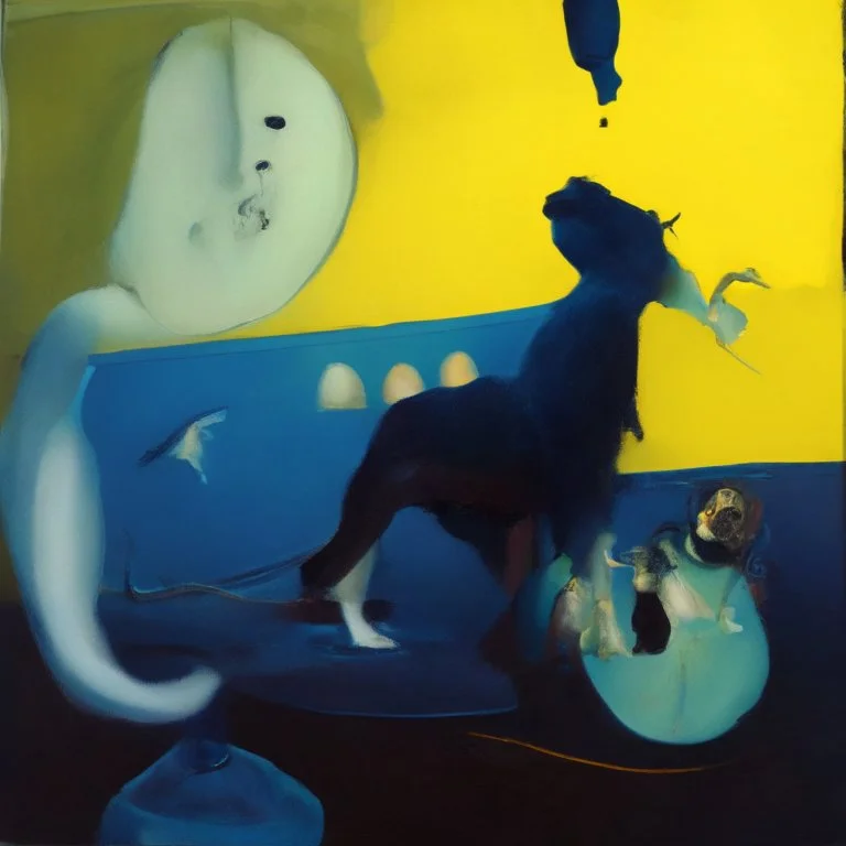 Abstract painting formed by a mix of human flesh-like surgical instruments and universe-like neuralink, a cat looking at a pigeon inside a huge bulb between light and shadow at dusk,surrealism,minimalism,Painting By Adrian Ghenie, Rene Magritte, Salvador Dali, Lucian Freud