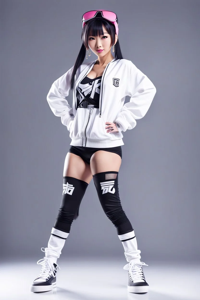 a cute full body shot of anime adult lady wearing hip hop dance clothes standing